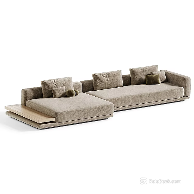 Modern Beige Sectional Sofa With Multiple Pillows And Wooden Side Tray 3d model