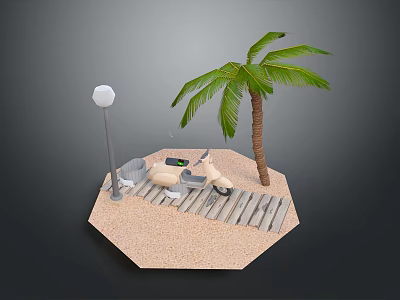 Scooter Parked On Sandy Beach With Wooden Boardwalk Palm Tree And Street Lamp 3d model