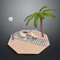 Scooter Parked On Sandy Beach With Wooden Boardwalk Palm Tree And Street Lamp
