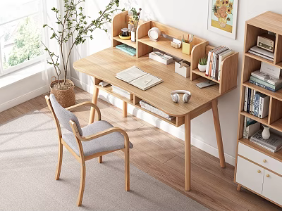 Wooden Desk With Open Notebook Headphones And Grey Cushioned Chair In Bright Room With Bookshelf 3d model