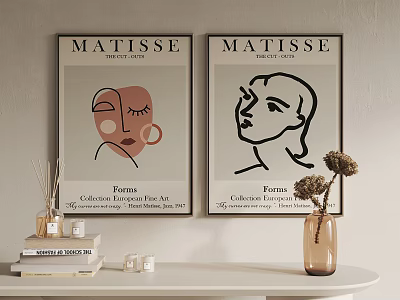 Matisse Posters With Forms And Art Trends On Wall With Table Decor Books Dried Flowers 3d model