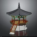 Traditional Oriental Pavilion With Multi tiered Roof Red Pillars Green Ornaments Wooden Stairs And Railings