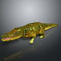 Crocodile 3D Model with green and yellow patterns open mouth exposed teeth dark background reflection 3d model