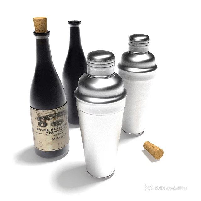 Decorative Ornament Set With Vintage Wine Bottle Silver Cocktail Shakers And Cork Stopper 3d model 