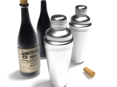 Decorative Ornament Set With Vintage Wine Bottle Silver Cocktail Shakers And Cork Stopper 3d model