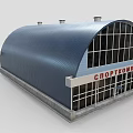 Modern Sport Complex Exterior With Blue Curved Roof Large Glass Windows And White Red Signage