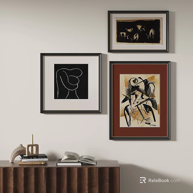 Framed Abstract Paintings With Black White Line Art And Colorful Design On Wall Above Table 3d model 
