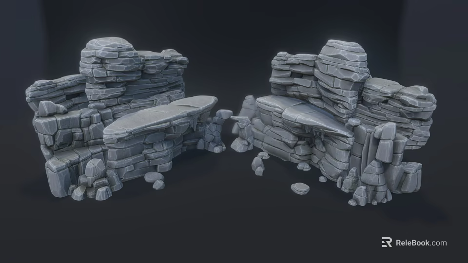 Gray Rock Scene Components With Stacked Stone Blocks Rock Platforms And Scattered Stones 3d model 