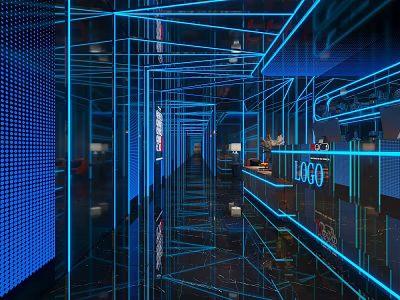 Hi Tech KTV Corridor With Neon Blue Lighting And Mirrors 3d model