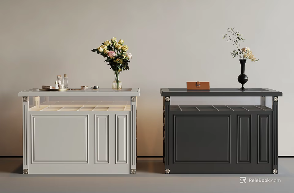 Modern Storage Cabinets In White And Dark Gray With Flower Vases And Decorative Items 3d model 