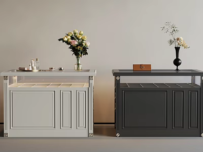 Modern Storage Cabinets In White And Dark Gray With Flower Vases And Decorative Items 3d model