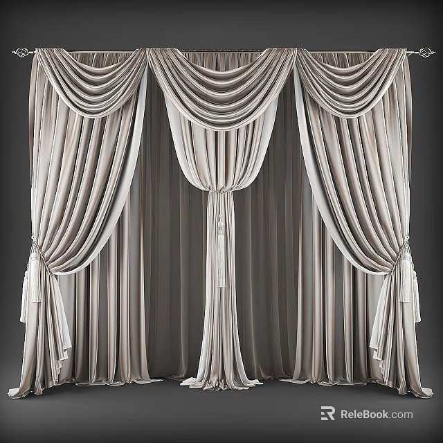 Elegant Light Colored Pleated Curtains With Soft Draped Fabric And Tiebacks 3d model