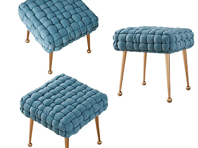 Blue Tufted Velvet Stools With Gold Slender Metal Legs Set of Three 3d model