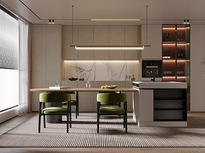 Modern Restaurant Interior With Open Layout Dining Table Green Chairs And Pendant Lights 3d model