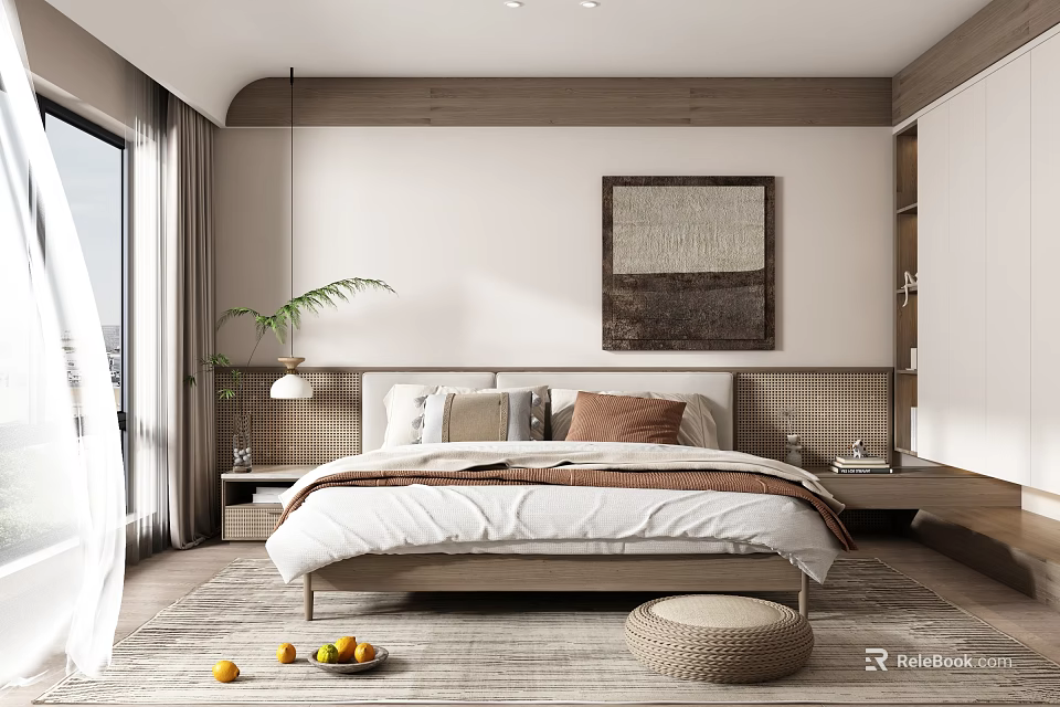 Modern Bedroom Interior Design With Wooden Bed Wall Art And Large Window 3d model 