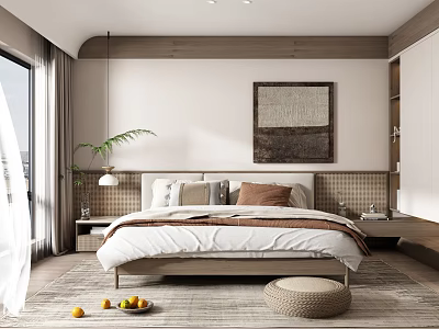 Modern Bedroom Interior Design With Wooden Bed Wall Art And Large Window 3d model