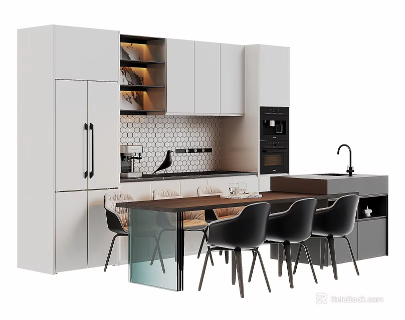Modern Kitchen Dining Table With Glass Top Black Chairs White Cabinets And Hexagon Tile Backsplash 3d model 