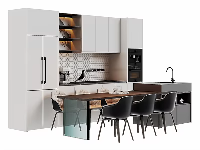 Modern Kitchen Dining Table With Glass Top Black Chairs White Cabinets And Hexagon Tile Backsplash 3d model
