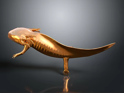 Golden Axolotl Sculpture With Shiny Body On Dark Background And Reflection 3d model