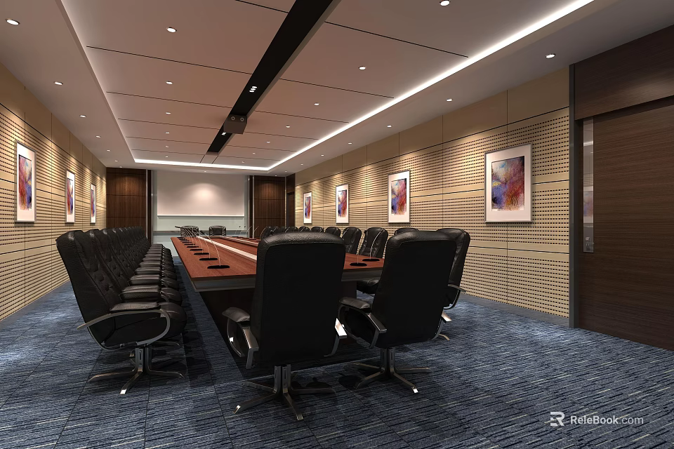 Modern Elegant Conference Room Interior With Long Table Black Chairs Wall Paintings And Carpet 3d model 
