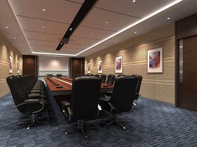 Modern Elegant Conference Room Interior With Long Table Black Chairs Wall Paintings And Carpet 3d model