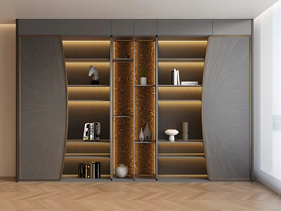 Modern Bookcase Interior With Built in Lighting Layered Shelves Books And Decorative Ornaments 3d model