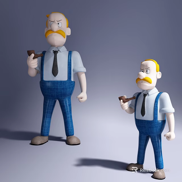Male dolls with yellow mustaches wearing blue overalls white shirts and black ties holding pipes 3d model 