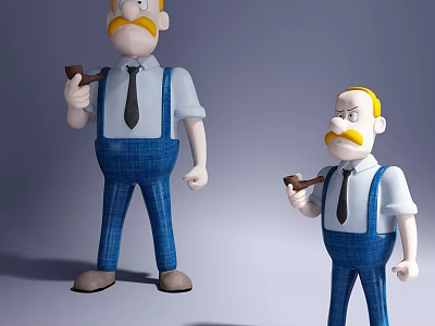 Male dolls with yellow mustaches wearing blue overalls white shirts and black ties holding pipes 3d model