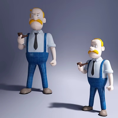 Male dolls with yellow mustaches wearing blue overalls white shirts and black ties holding pipes 3d model