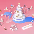 Art Installation With Spiral Tower Star Pink Background Snowflakes Flags And People
