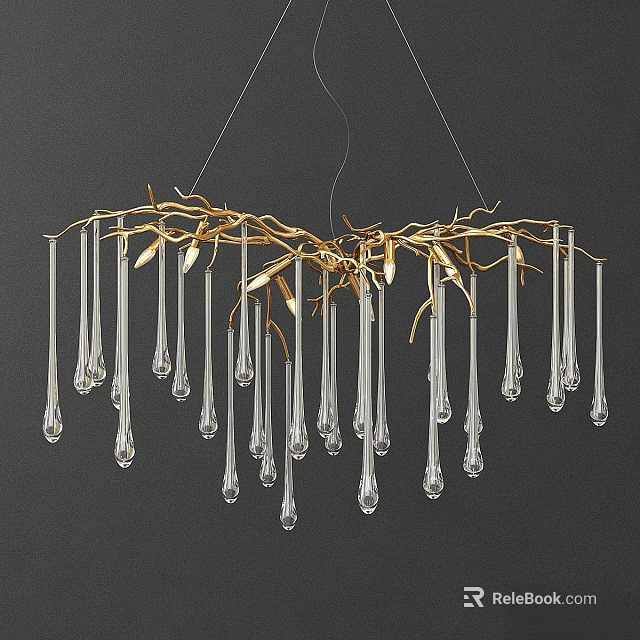Elegant Modern Chandelier with Golden Branch Like Frame and Transparent Teardrop Pendants 3d model 