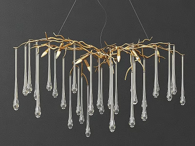 Elegant Modern Chandelier with Golden Branch Like Frame and Transparent Teardrop Pendants 3d model