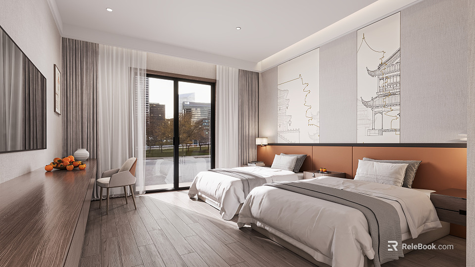 Modern Hotel Room With Two Beds And City View Through Large Windows 3d model 
