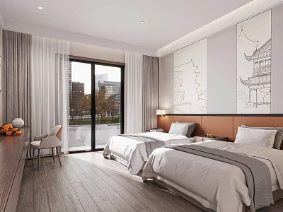 Modern Hotel Room With Two Beds And City View Through Large Windows 3d model