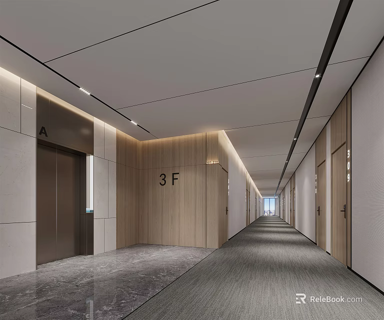 Hotel Corridor With Modern Elevators 3F Signage Wooden Walls Marble Flooring Gray Carpet And Lights 3d model 