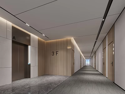 Hotel Corridor With Modern Elevators 3F Signage Wooden Walls Marble Flooring Gray Carpet And Lights 3d model