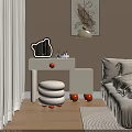 White Dressing Table With Orange Accents Round Stool In Bedroom Decorative Painting And Table Lamp