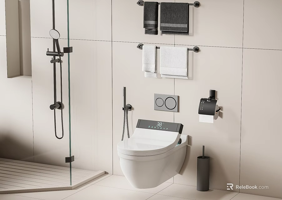 Smart Wall Mounted Toilet in Bathroom with Light Tile Walls Towel Racks and Shower Area 3d model 