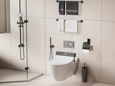 Smart Wall Mounted Toilet in Bathroom with Light Tile Walls Towel Racks and Shower Area 3d model