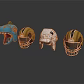 Colorful Dinosaur Shaped And Football Helmets Display In Blue Gold White Black