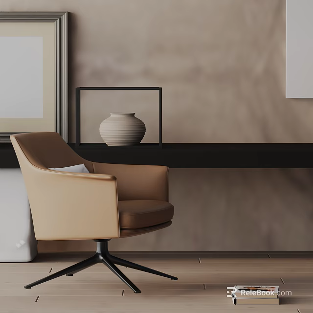 Beige Modern Lounge Chair With Black Metal Legs And White Vase On Black Shelf 3d model 