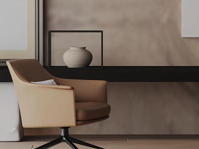 Beige Modern Lounge Chair With Black Metal Legs And White Vase On Black Shelf 3d model