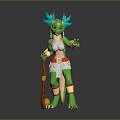 Anthropomorphic Green Creature Character With Blue Feathered Headdress Holding Staff In Ornamental Outfit