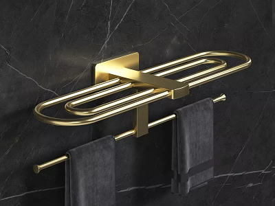 Modern Gold Bathroom Wall Mounted Rack With Grey Towels On Black Marble 3d model
