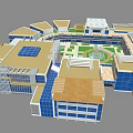 Cartoon Scene of Round Building Complex With Central Green Courtyard and Multi story Blue Windows