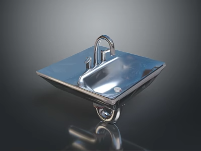 Modern Stainless Steel Sink With Chrome Faucet Square Shape And Polished Surface 3d model