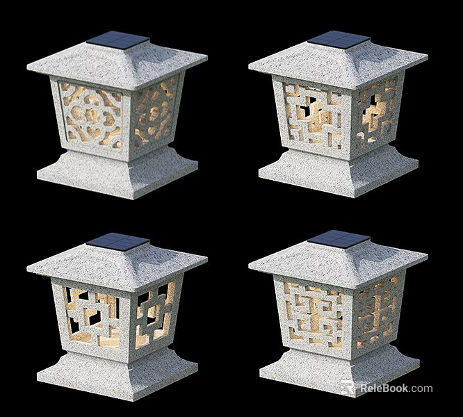 Traditional Stone Lanterns With Carved Patterns And Flat Top Cover For Outdoor Decor 3d model 