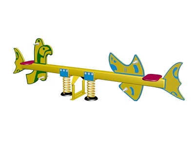 Yellow Spring Supported Seesaw With Fish Shaped Decorations And Red Seats For Children's Playground 3d model
