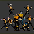 Group Of Dynamic Team Characters In Yellow And Black Uniforms With Action Poses