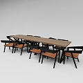 Modern Wooden Long Dining Table with Black Frame Chairs and Brown Seats